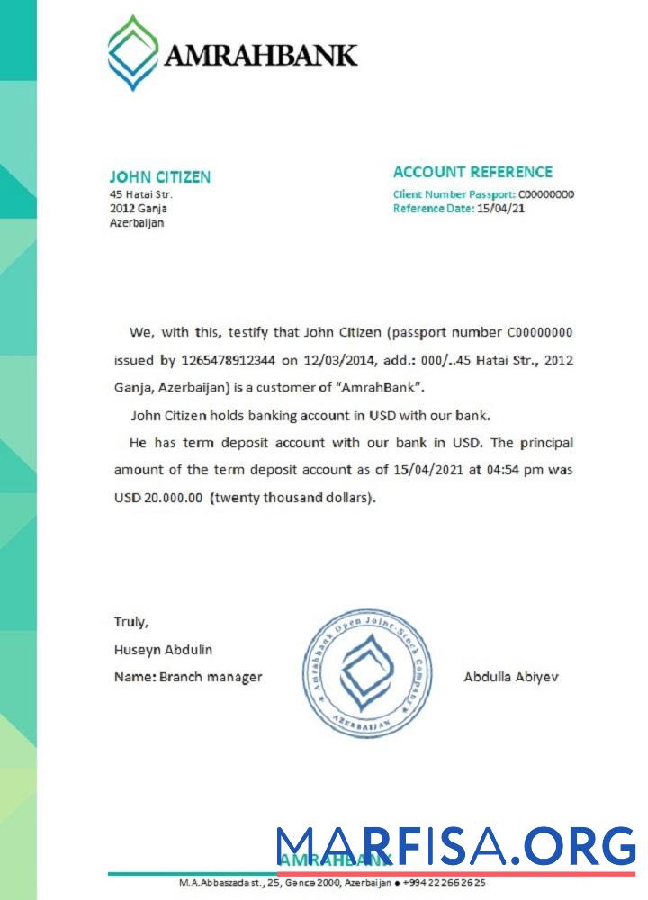 Printable Azerbaijan Amrahbank reference real example